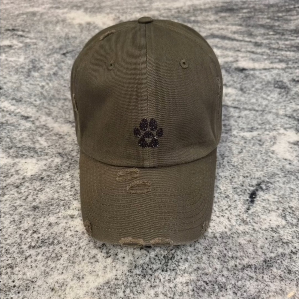 New Custom Designed Olive Green Distressed Baseball Cap with Black Glitter Paws